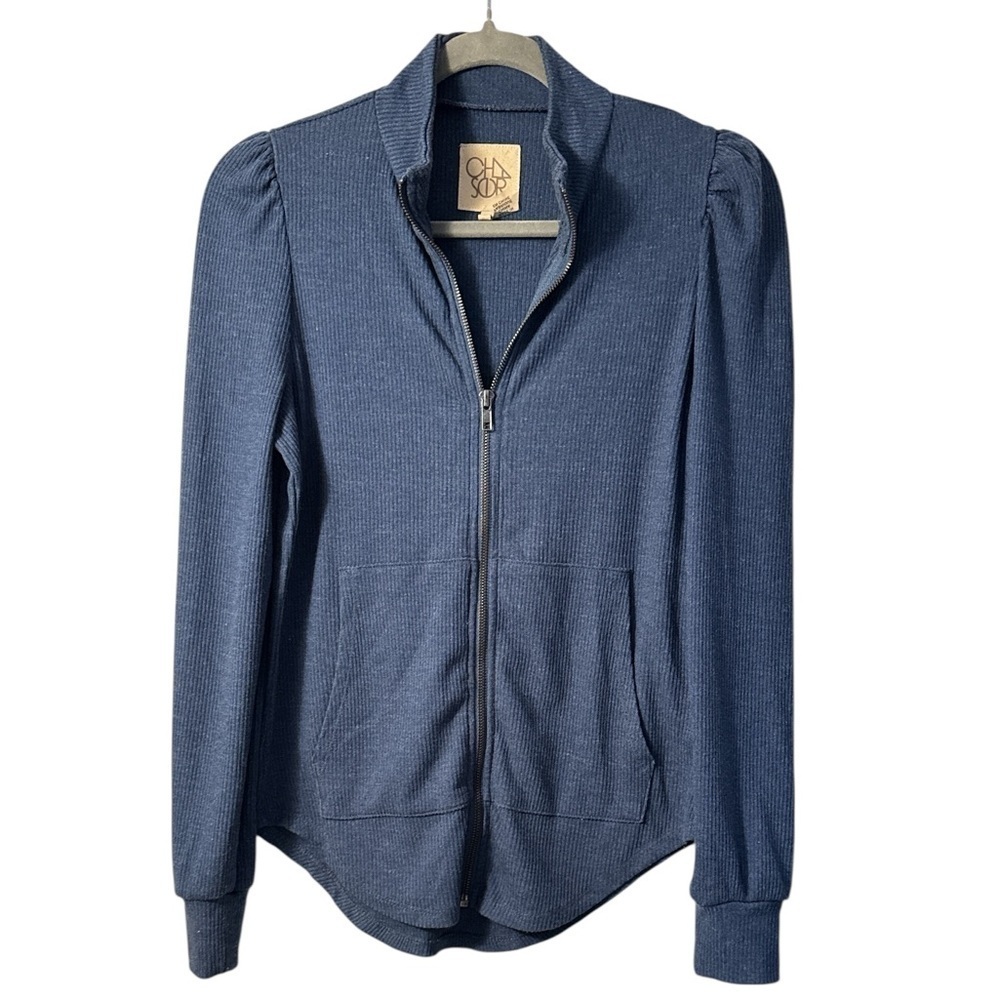 Chaser Zip Up Puff Sleeve Ribbed Lightweight Sweatshirt